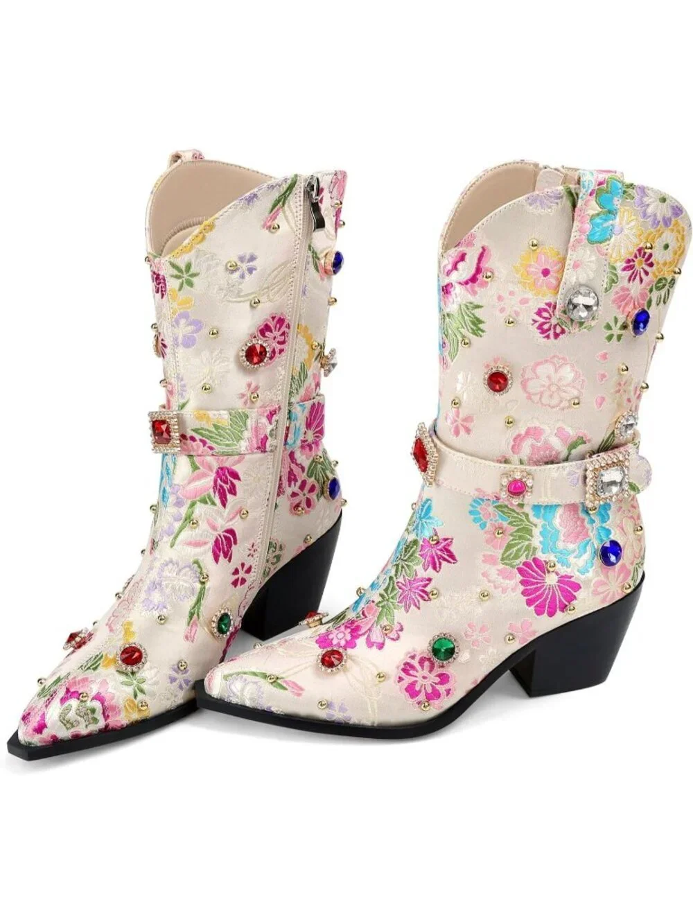 Women's White Western Floral Embroidery Rhinestone Sparkly Cowgirl Mid Calf Boot
